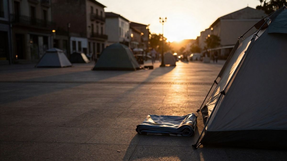 Imagen ilustrativa: tiendas de campaña recortadas a contraluz al atardecer en una plaza urbana vacía.