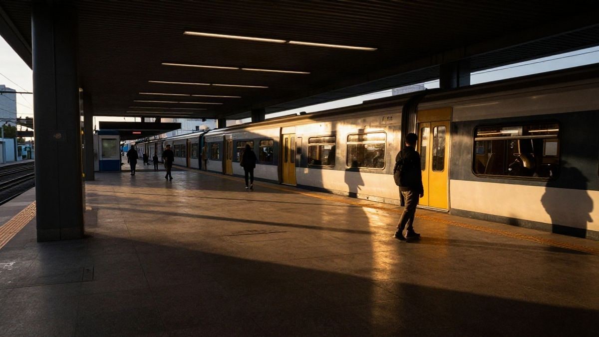 Imagen ilustrativa: andén de una estación de metro moderna con un tren estacionado al fondo y luz cálida al atardecer