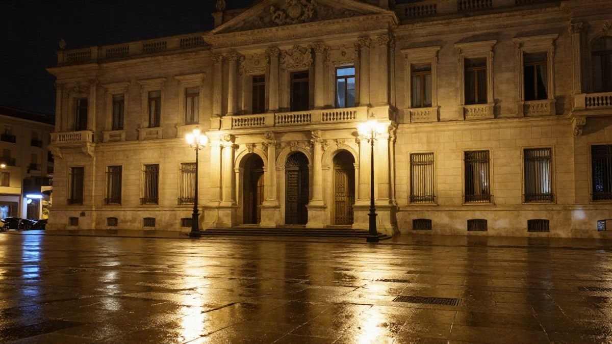 Imagen ilustrativa: fachada genérica de un edificio institucional iluminado por farolas y focos en una noche de invierno, sin personas