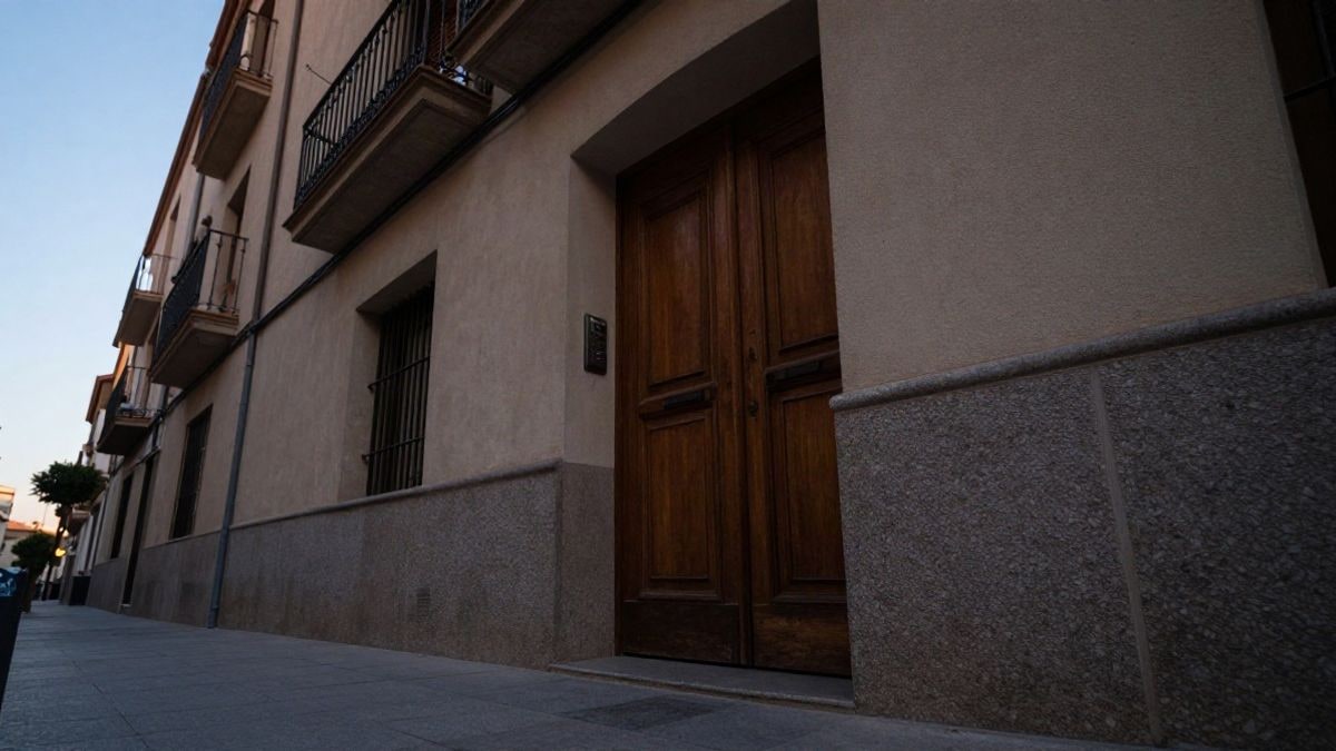 Imagen ilustrativa: ángulo bajo de la entrada de un edificio residencial español con cielo al atardecer