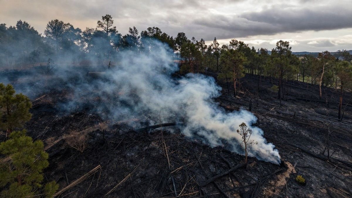 Imagen ilustrativa: vista aérea de una ladera forestal quemada con humo en algunos puntos y vegetación verde al fondo.