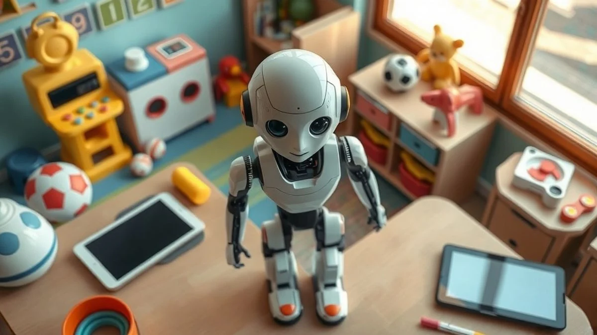 Imagen ilustrativa: un robot humanoide sobre una mesa de aula con material educativo y luz natural