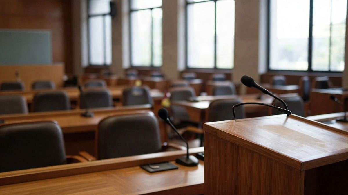 Imagen ilustrativa: sala de comisión parlamentaria vacía con escaños y micrófonos, vista lateral con poca profundidad de campo