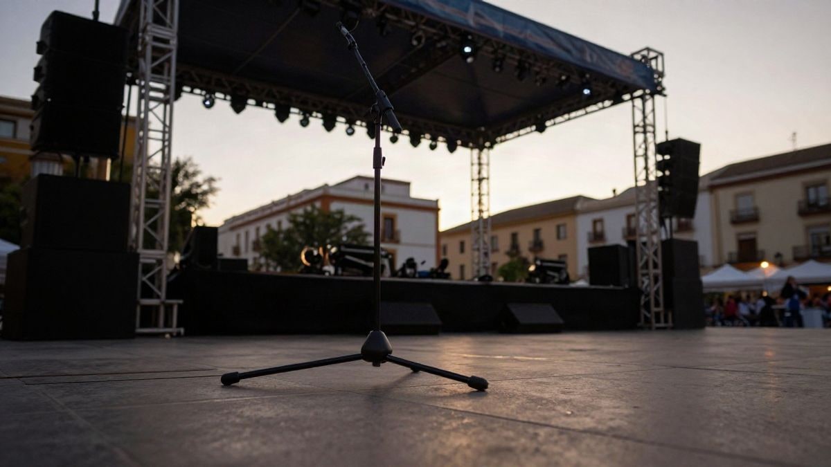 Imagen ilustrativa: escenario vacío en una plaza al atardecer, con micrófono y altavoces