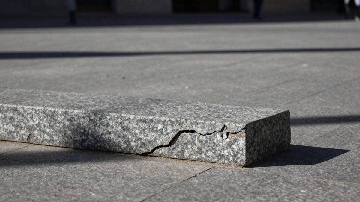 Imagen ilustrativa: losetas de granito agrietadas en una plaza urbana, vista lateral con poca profundidad de campo