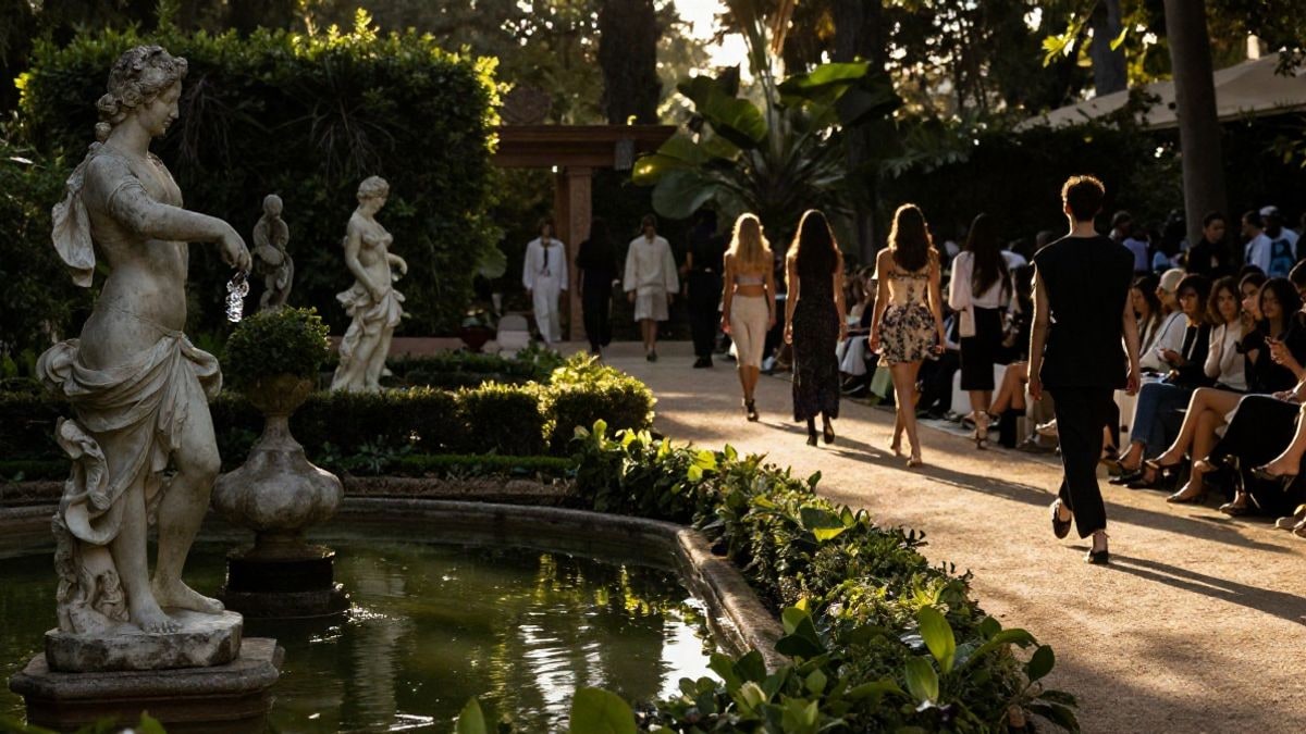 Imagen ilustrativa: una pasarela de moda al aire libre entre jardines clásicos con un estanque al atardecer
