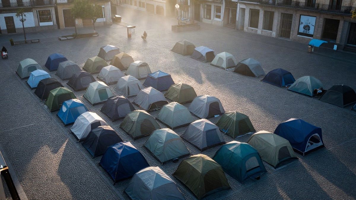 Imagen ilustrativa: vista cenital de una plaza urbana con decenas de tiendas de campaña al amanecer