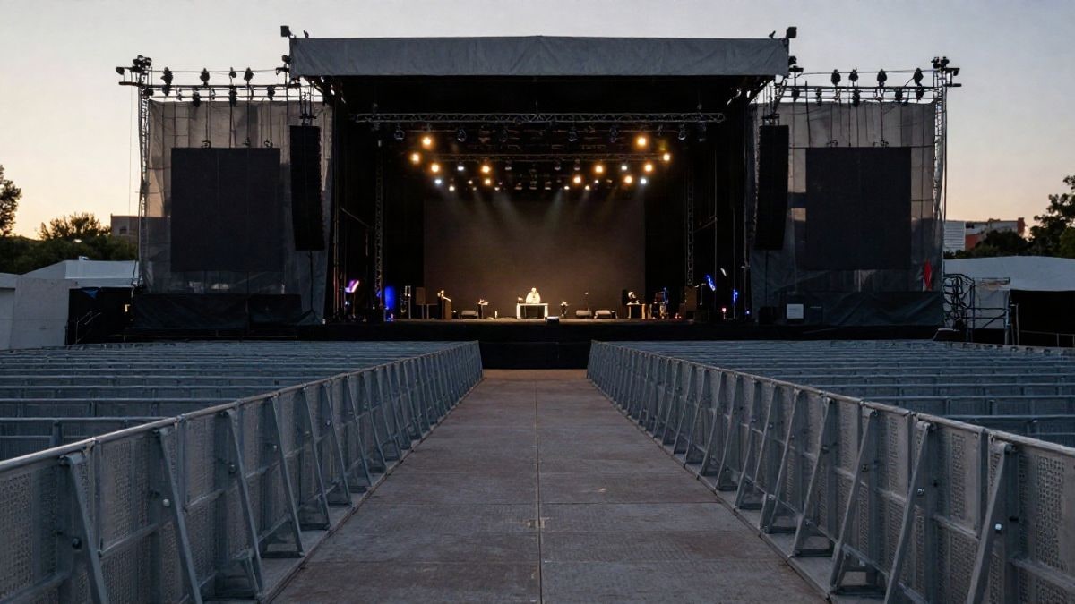 Imagen ilustrativa: gran angular de un recinto de conciertos al atardecer con el escenario iluminado y vallas que convergen hacia él