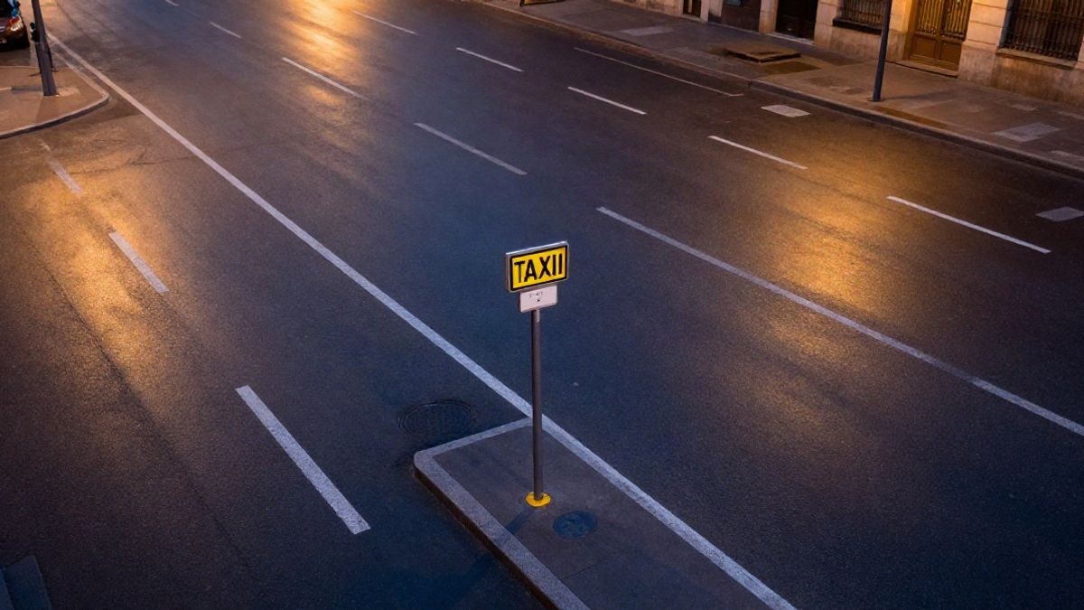 Imagen ilustrativa: vista cenital de una parada de taxis vacía al atardecer, con marcas viales y asfalto mojado