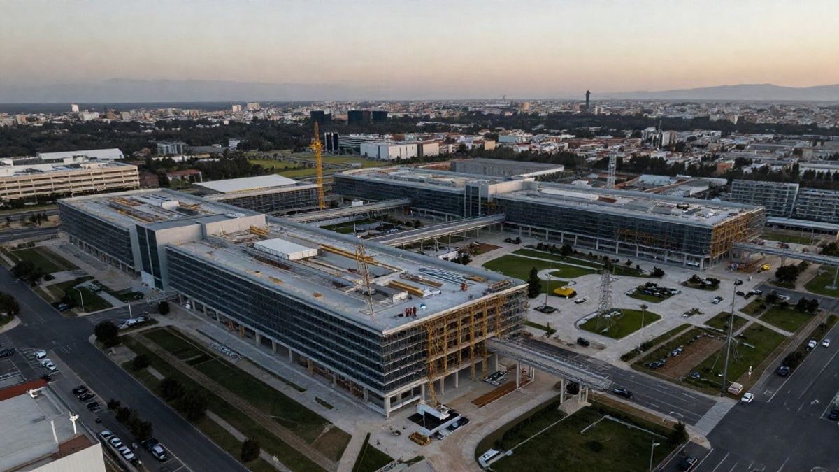 Imagen ilustrativa: vista aérea de un gran complejo comercial en construcción con dos edificios conectados por pasarelas, rodeado de zonas verdes y aparcamientos, al atardecer.