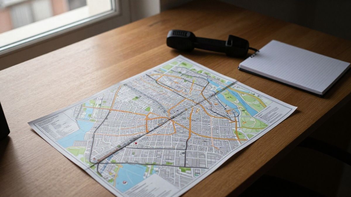 Imagen ilustrativa: mesa de madera vista desde arriba con un mapa urbano, un walkie-talkie y una libreta bajo luz natural
