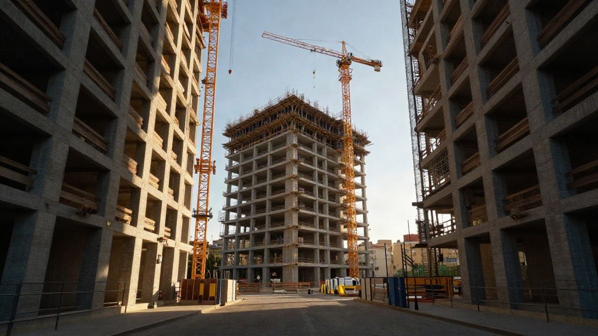 Imagen ilustrativa: edificio residencial en construcción con grúas al atardecer