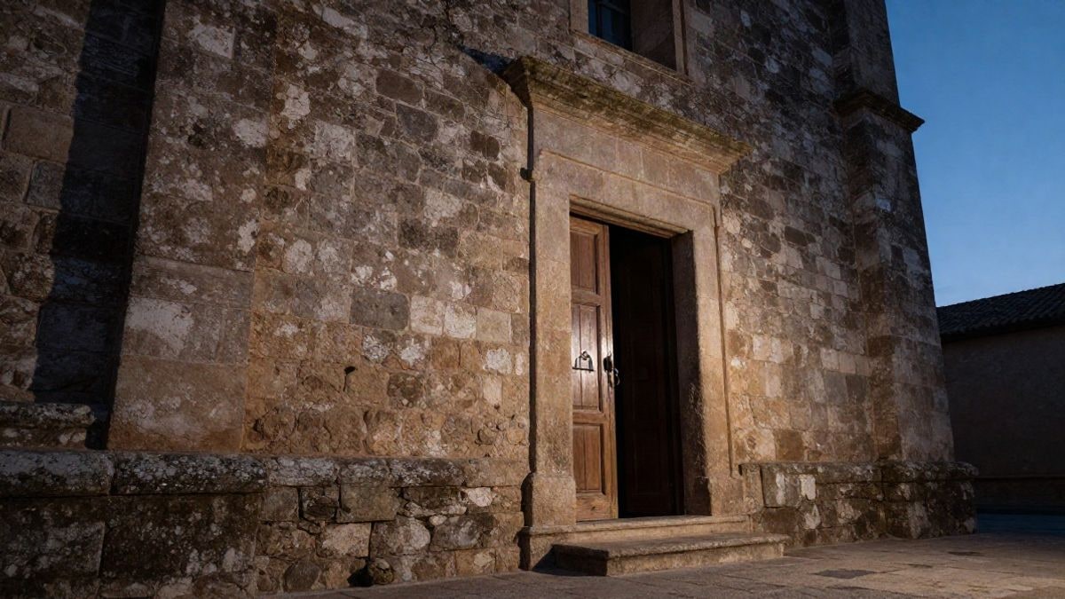 Imagen ilustrativa: muro de piedra envejecida de un edificio religioso y puerta lateral entreabierta al atardecer