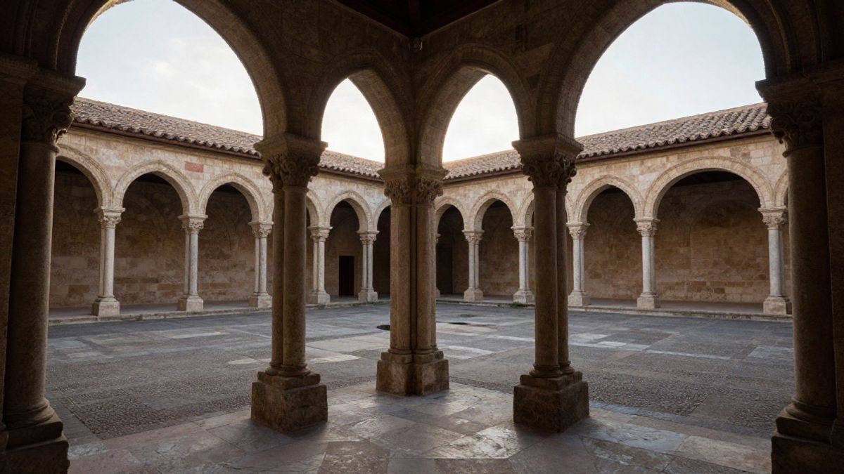 Imagen ilustrativa: patio de un monasterio histórico con arcos de piedra y luz de atardecer