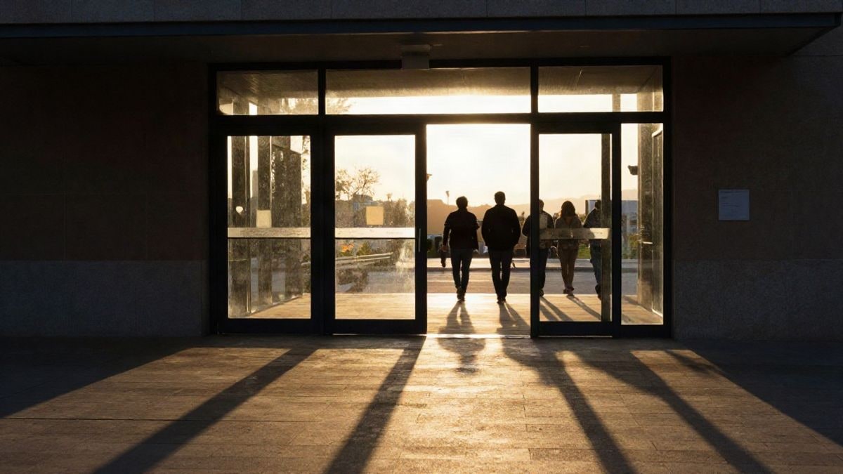 Imagen ilustrativa: contraluz al atardecer en la entrada de un centro comunitario moderno con sombras largas