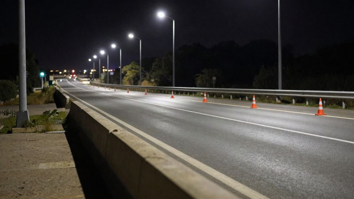 Imagen ilustrativa: carretera vacía iluminada por farolas de noche, con conos naranjas y una barrera de hormigón junto al asfalto recién renovado