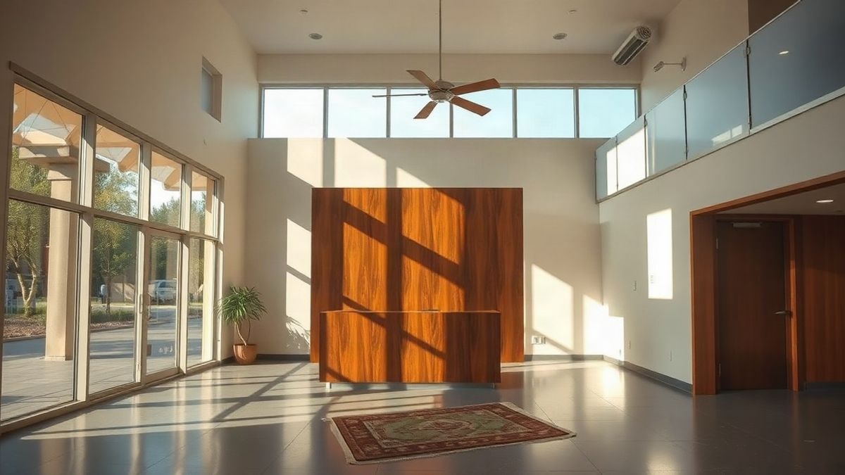 Imagen ilustrativa: interior de un moderno centro de servicios sociales vacío, con mostrador de recepción y luz natural.