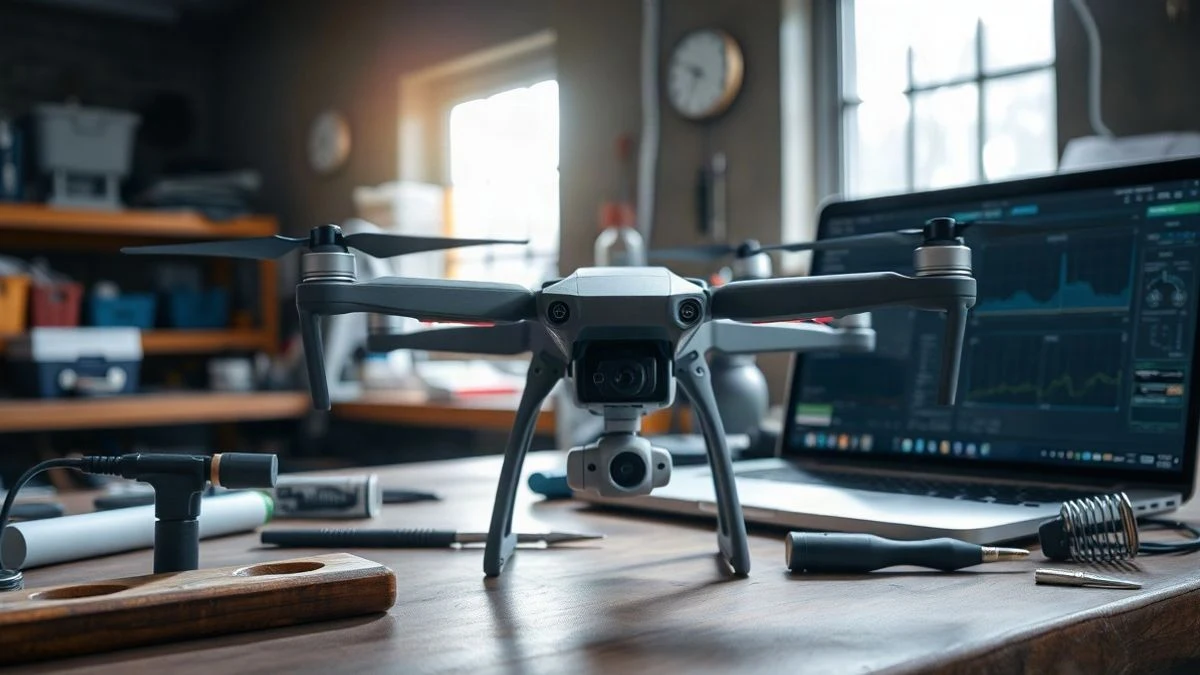 Imagen ilustrativa: un dron sobre una mesa de trabajo con herramientas y un ordenador portátil en un taller luminoso.