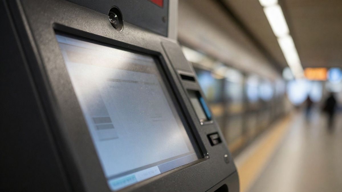 Imagen ilustrativa: primer plano de una máquina moderna de venta de billetes con pantalla y cámara en un andén de metro