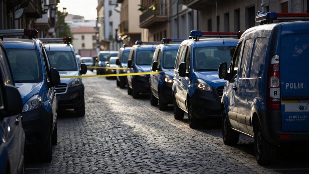 Imagen ilustrativa: furgones policiales formando un cordón en una calle de adoquines con luz lateral