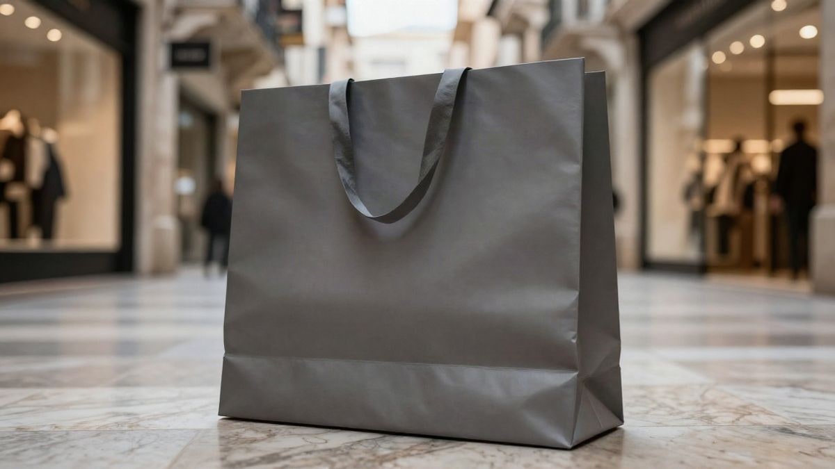 Imagen ilustrativa: primer plano de una bolsa de compras genérica sobre suelo de mármol en una galería comercial