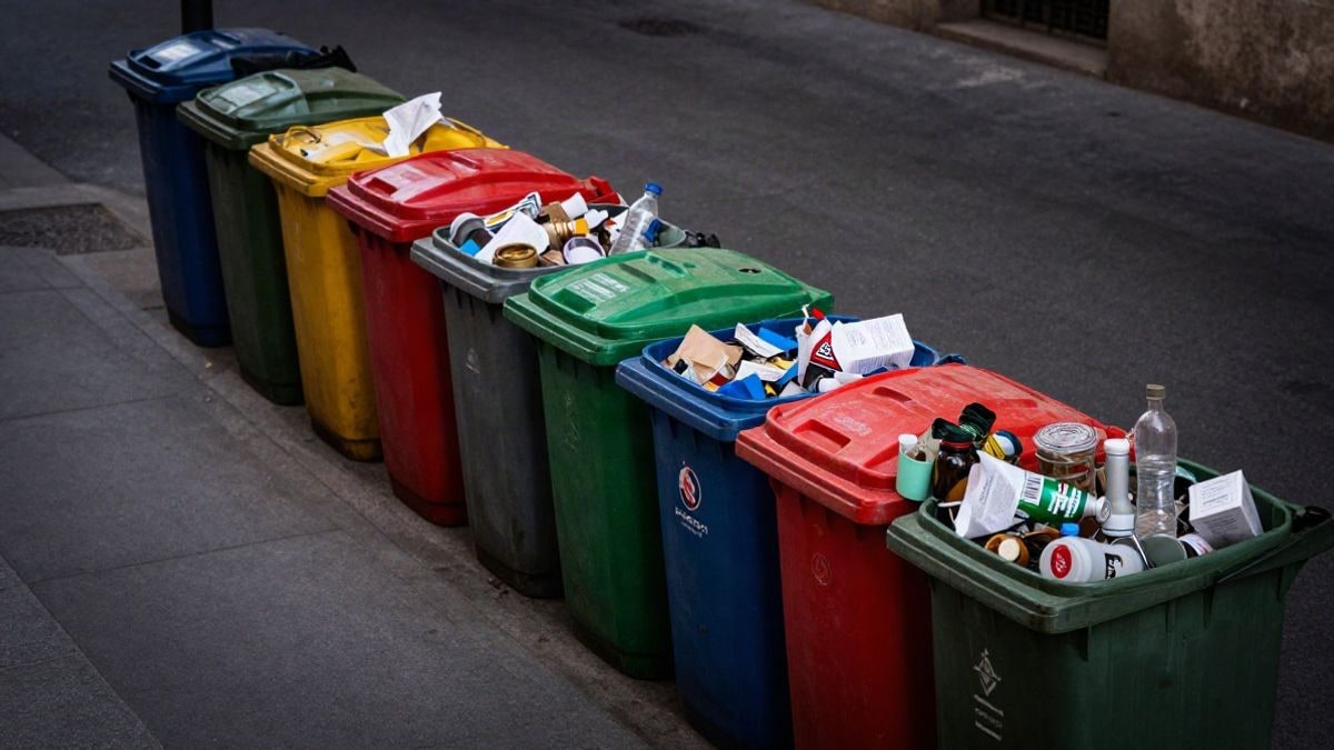 Imagen ilustrativa: vista cenital de contenedores de reciclaje de colores alineados en una calle urbana