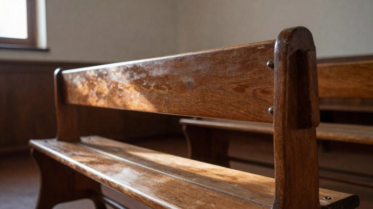 Imagen ilustrativa: una sala de tribunal vacía con bancos de madera y luz natural que entra por una ventana alta