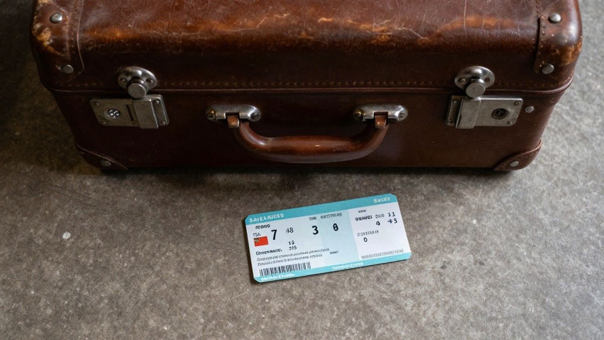 Imagen ilustrativa: maleta de cuero y billete de papel sobre el suelo de una estación, visto desde arriba