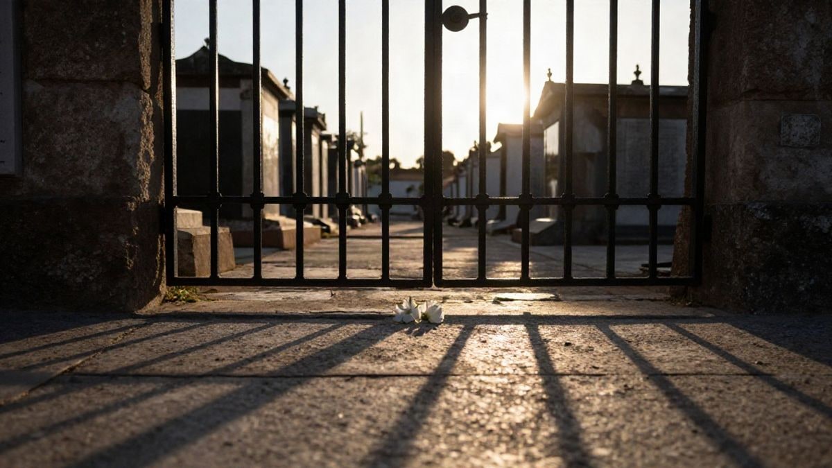 Imagen ilustrativa: una verja de hierro de un cementerio al atardecer, con sombras largas y flores blancas sobre el camino