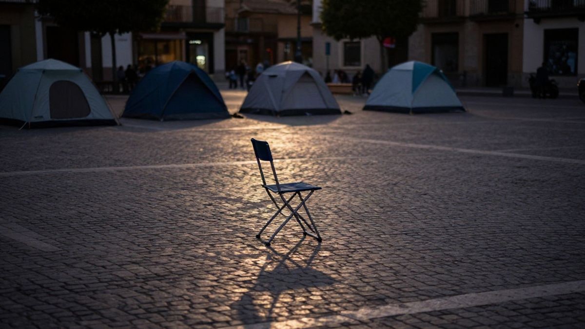 Imagen ilustrativa: una plaza pública al atardecer con varias tiendas de campaña al fondo y una silla plegable en primer plano