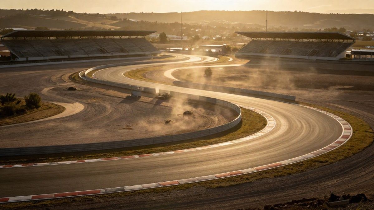 Imagen ilustrativa: circuito de carreras vacío bajo el sol abrasador con sombras largas al atardecer