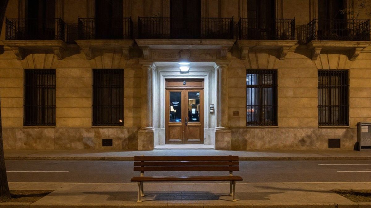 Imagen ilustrativa: entrada de un edificio judicial de noche bajo farolas