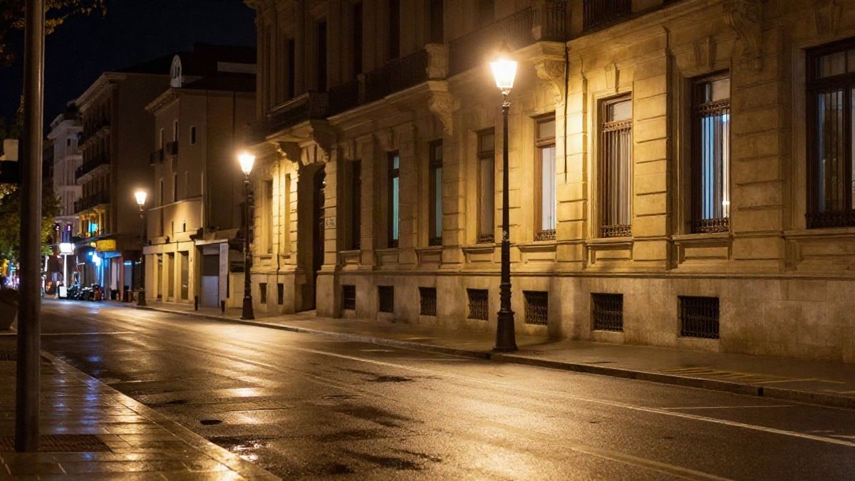 Imagen ilustrativa: calle urbana nocturna iluminada por farolas y reflejos de luz sobre el asfalto mojado