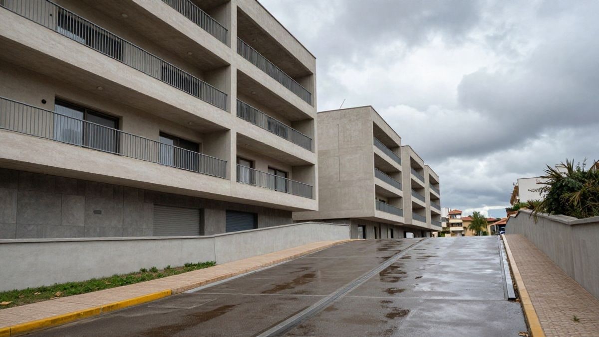 Imagen ilustrativa: edificio residencial moderno con charcos en la acera tras la lluvia