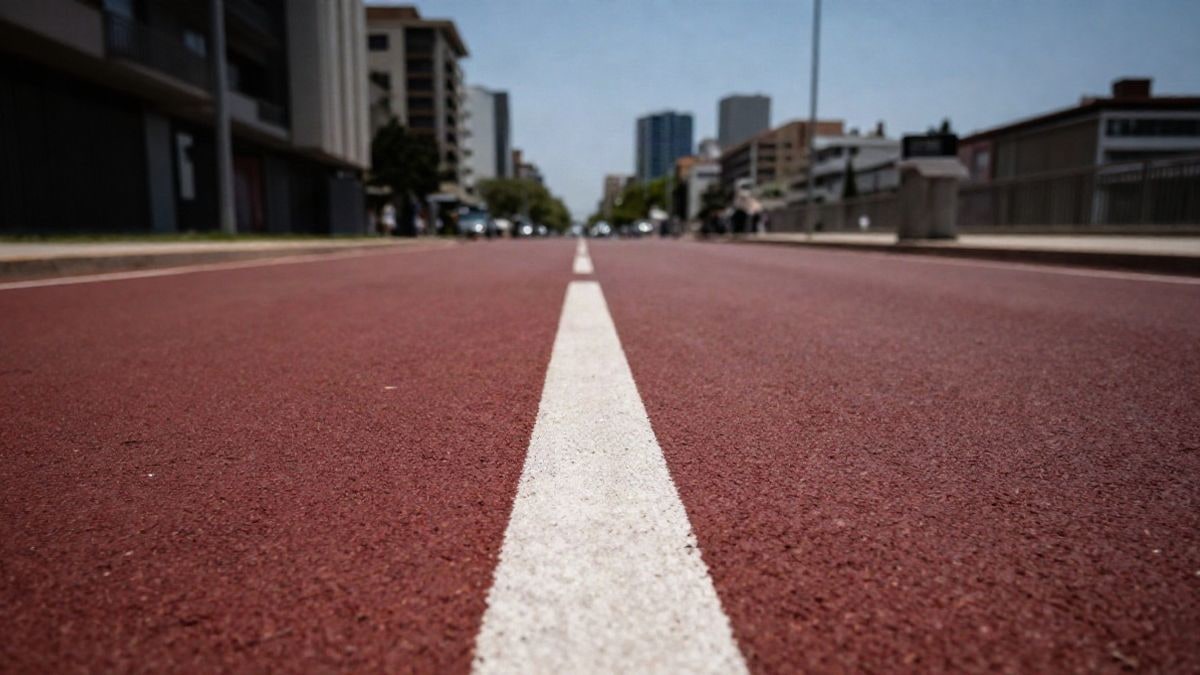 Imagen ilustrativa: carril bici urbano vacío con marcas viales, visto desde un ángulo bajo con cielo de fondo
