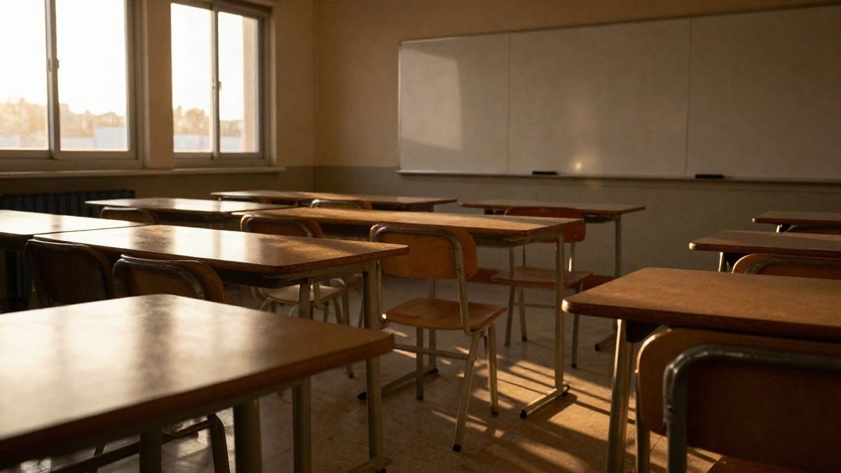Imagen ilustrativa: aula vacía con luz de atardecer y sombras largas sobre pupitres