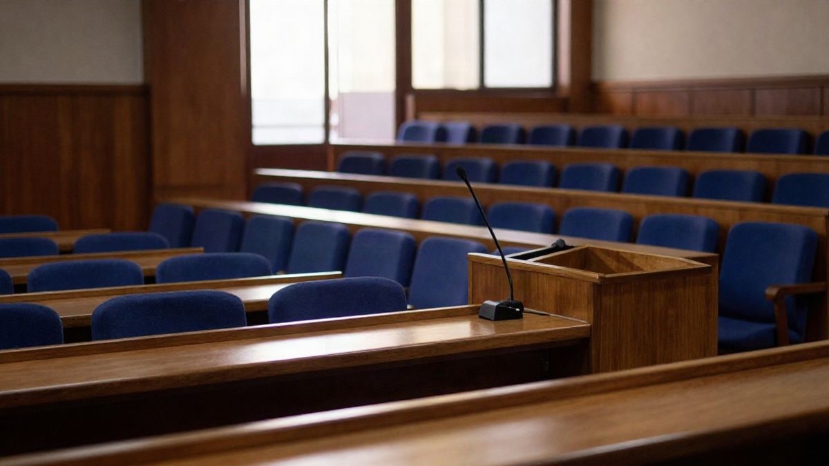 Imagen ilustrativa: vista lateral de un hemiciclo parlamentario vacío con escaños y un micrófono en la tribuna