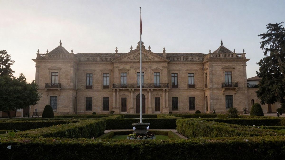 Imagen ilustrativa: fachada de una residencia oficial rodeada de jardines al amanecer.