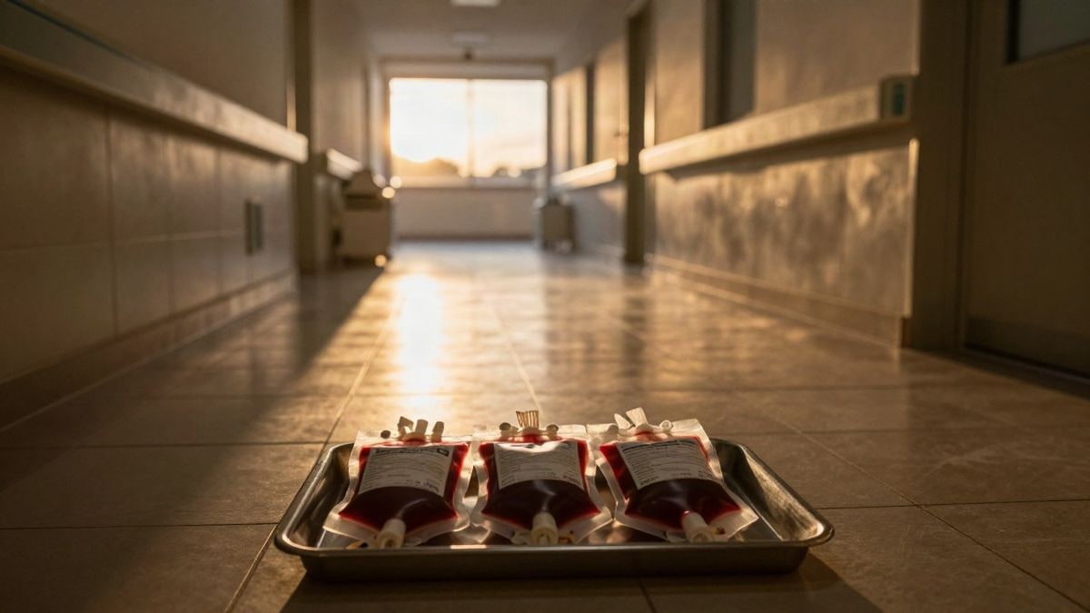 Imagen ilustrativa: pasillo de hospital vacío al atardecer con bolsas de sangre sobre una bandeja metálica
