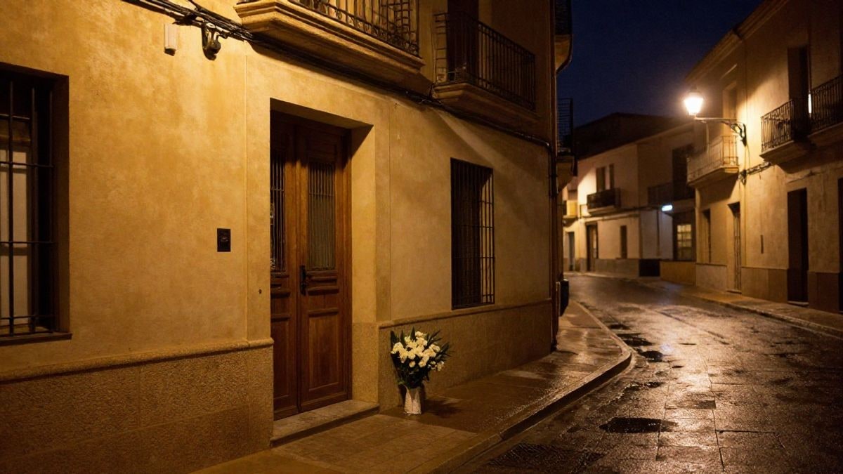 Imagen ilustrativa: portal de un edificio residencial iluminado por farolas en una calle nocturna