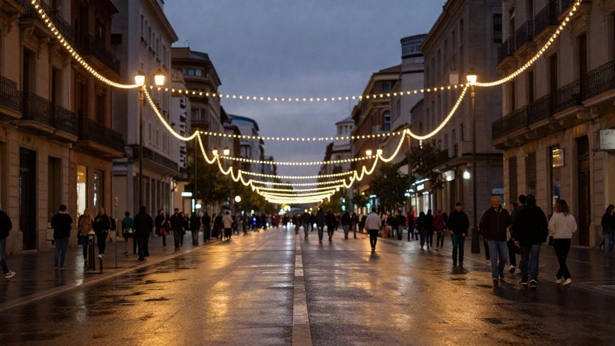 Imagen ilustrativa: gran avenida urbana al atardecer con luces navideñas led convergentes y asfalto reflejando el brillo dorado