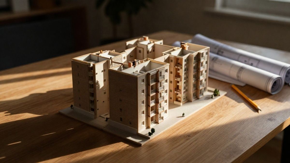 Imagen ilustrativa: maqueta de bloques de viviendas vista desde arriba sobre una mesa de madera con planos enrollados
