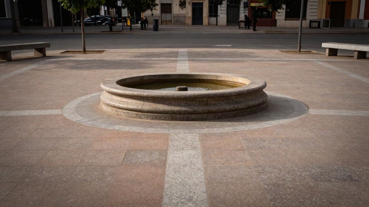 Imagen ilustrativa: una fuente circular de piedra en una plaza urbana vacía, con árboles jóvenes al fondo y luz de última hora de la tarde