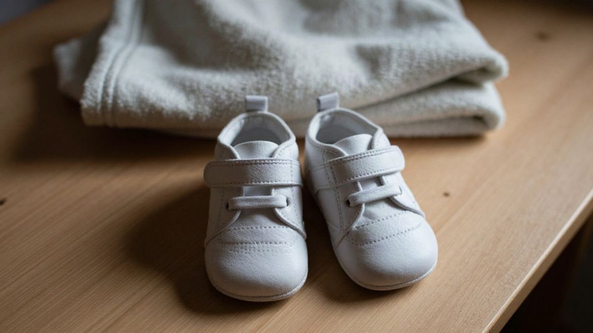 Imagen ilustrativa: vista cenital de unos zapatos infantiles blancos y una manta doblada sobre una mesa de madera