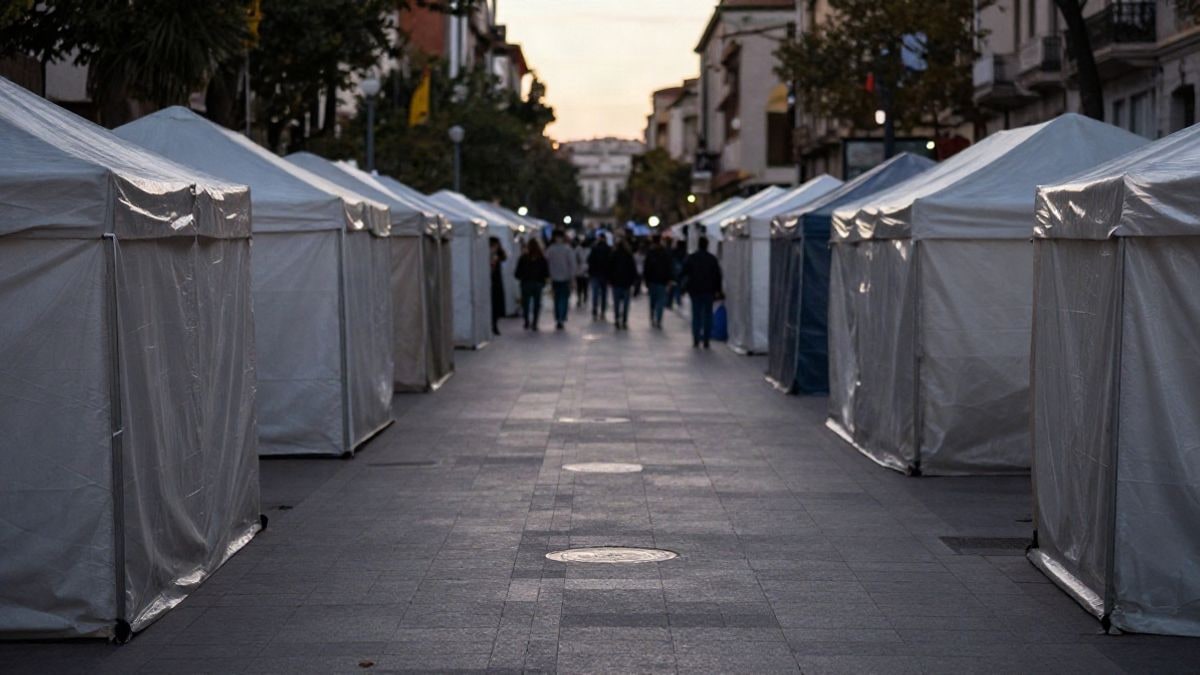 Imagen ilustrativa: una plaza urbana al atardecer con tiendas de campaña cubiertas por lonas y pasillos que se pierden en la distancia
