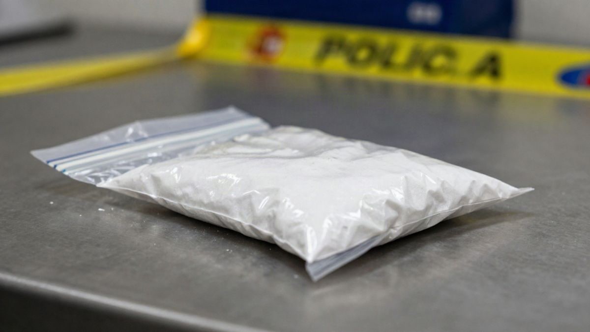 Imagen ilustrativa: bolsa de pruebas precintada con polvo blanco sobre una mesa metálica