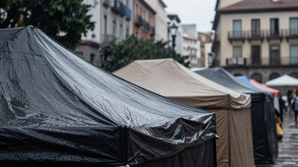 Imagen ilustrativa: tiendas de campaña mojadas en una plaza durante una fuerte lluvia