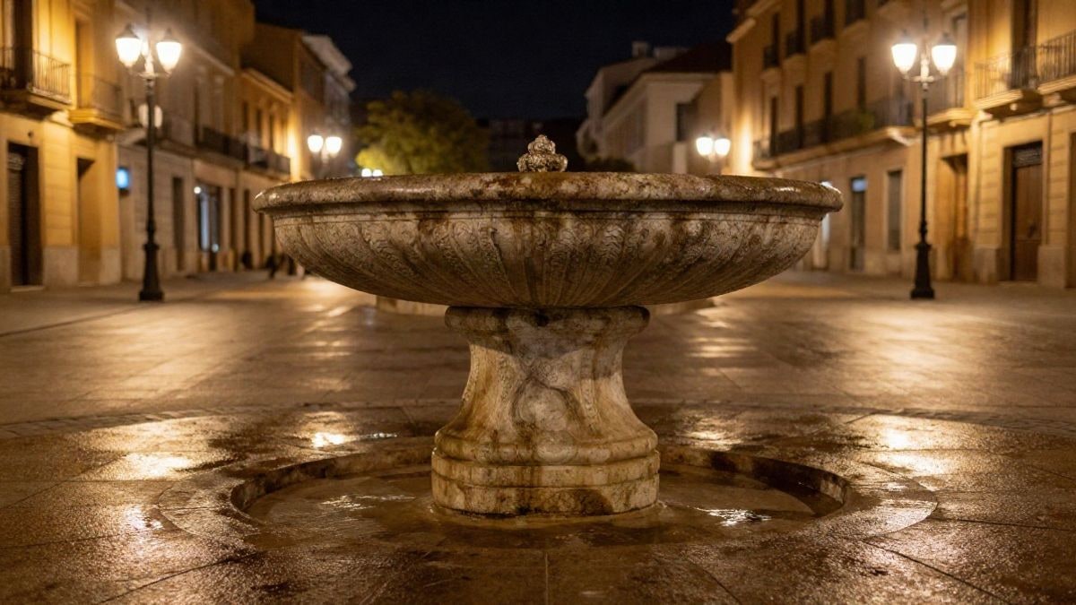 Imagen ilustrativa: una fuente de piedra en una plaza urbana iluminada por farolas durante la noche.