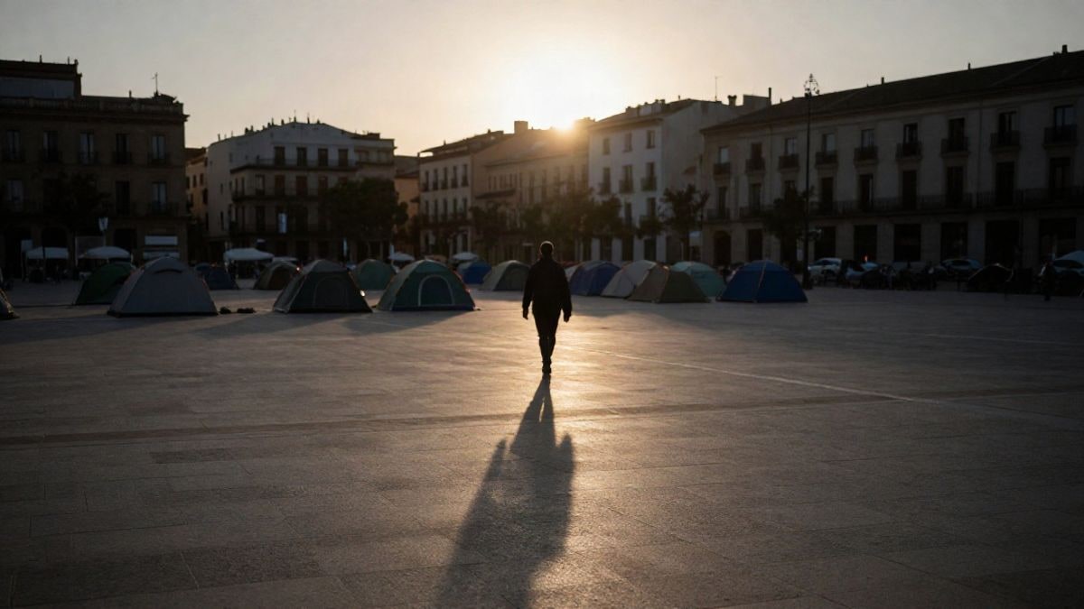 Imagen ilustrativa: una plaza urbana amplia al atardecer con tiendas de campaña dispersas y una figura lejana de espaldas