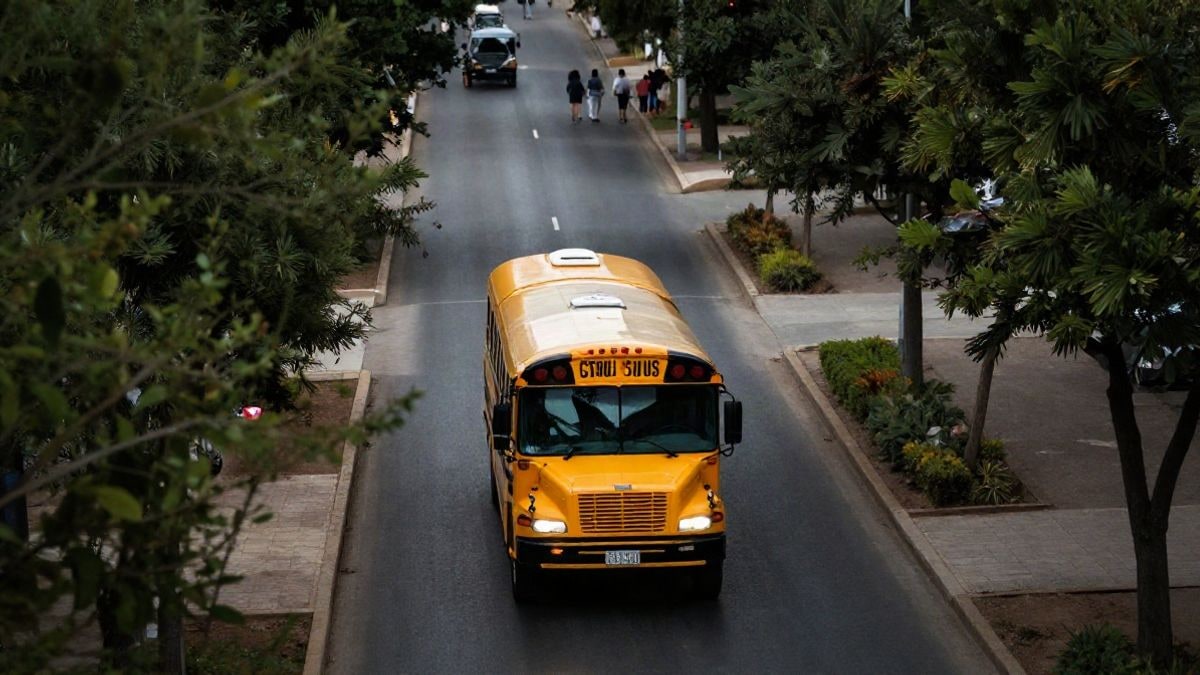 Imagen ilustrativa: vista cenital de un autobús escolar amarillo circulando por una carretera arbolada cerca de un colegio